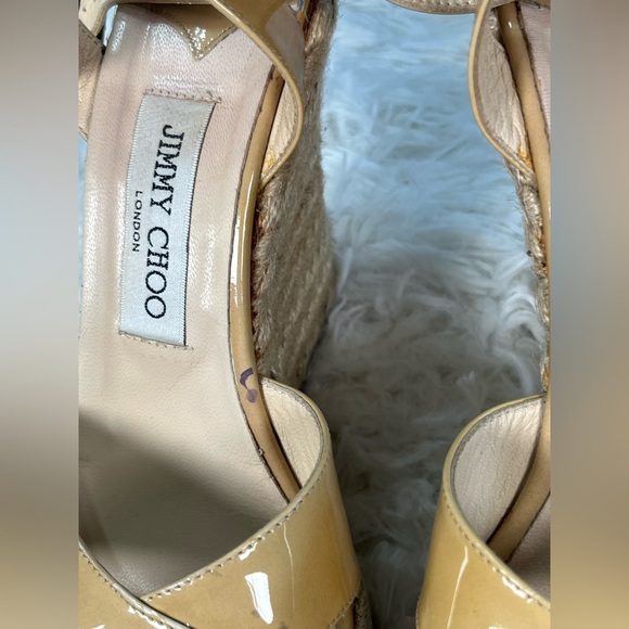 Jimmy Choo | Beige Patent Leather Phönix Espadrille Wedge Sandals - Picture 8 of 13